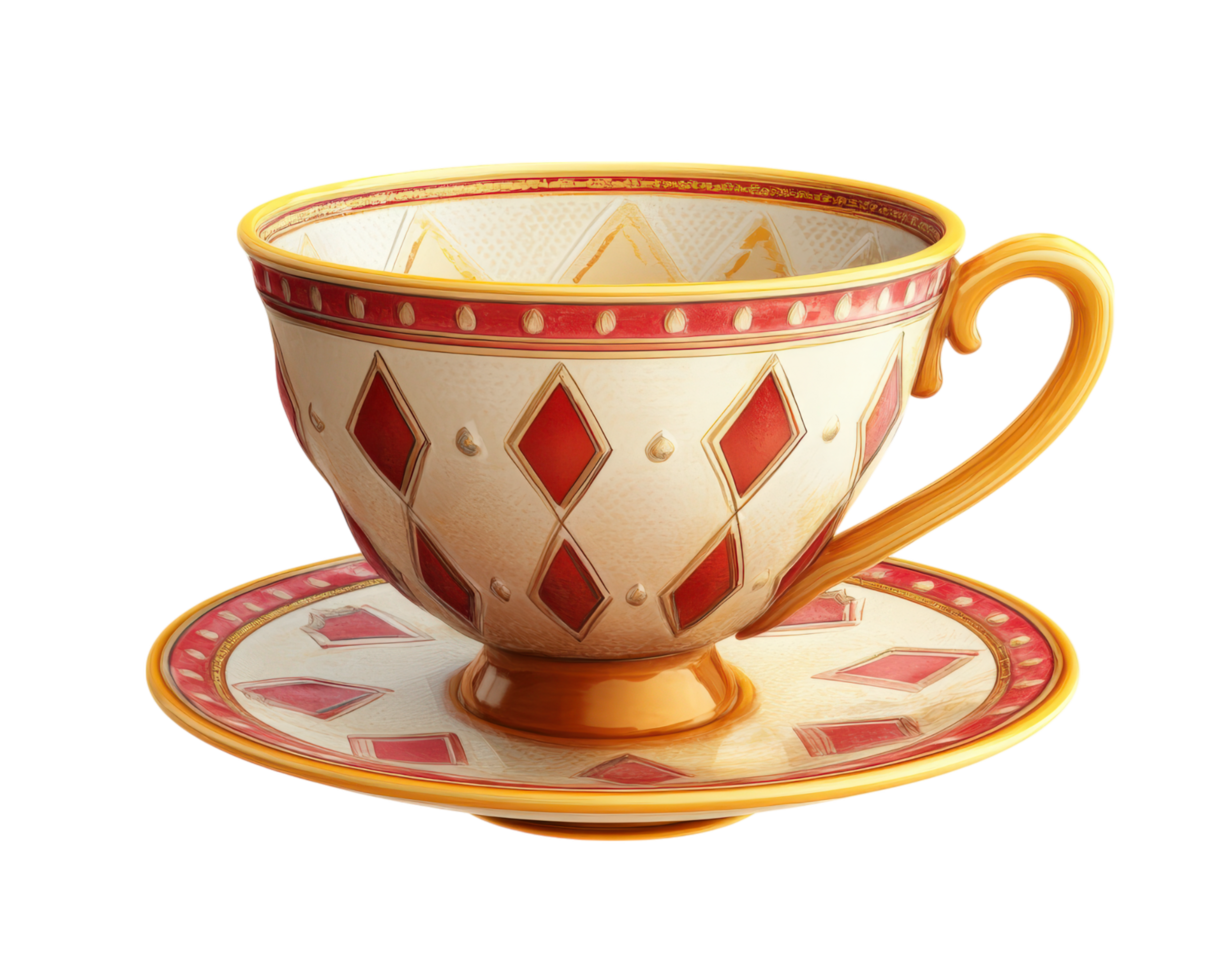 colorful teacup with diamond pattern sits on matching saucer, isolated on transparency background. vibrant design features red and gold accents, creating playful and elegant look png