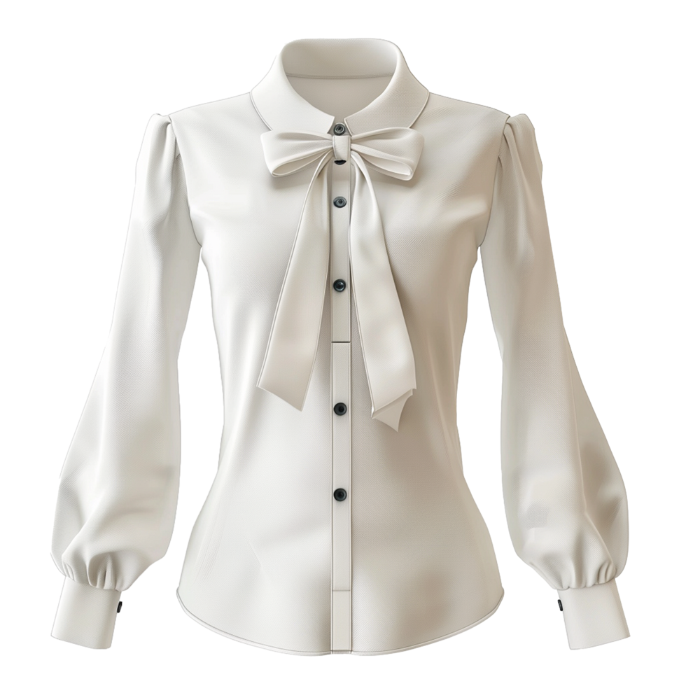 Elegant Womens Off White Long Sleeve Blouse with Puff Sleeves and Bow Tie png