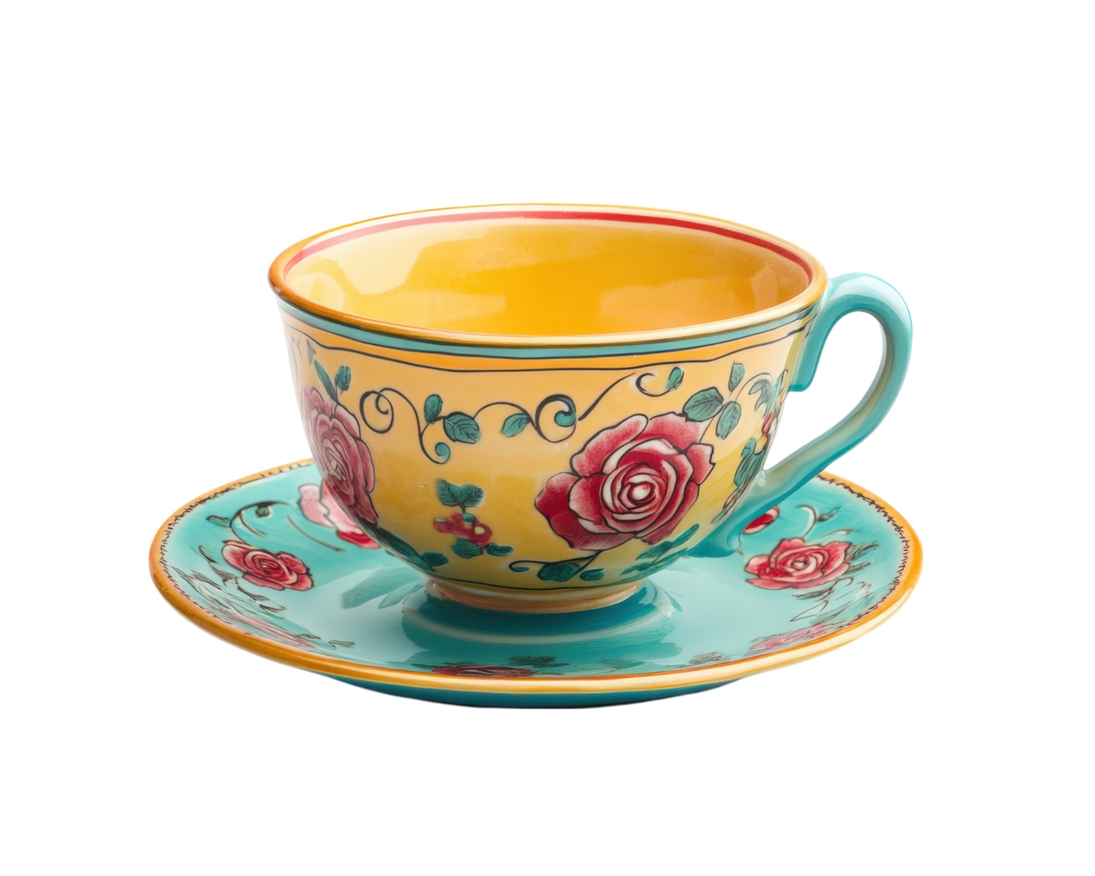 vibrant teacup with floral patterns sits on matching saucer, showcasing intricate designs and bright colors. cup features yellow interior and turquoise exterior adorned with red roses png