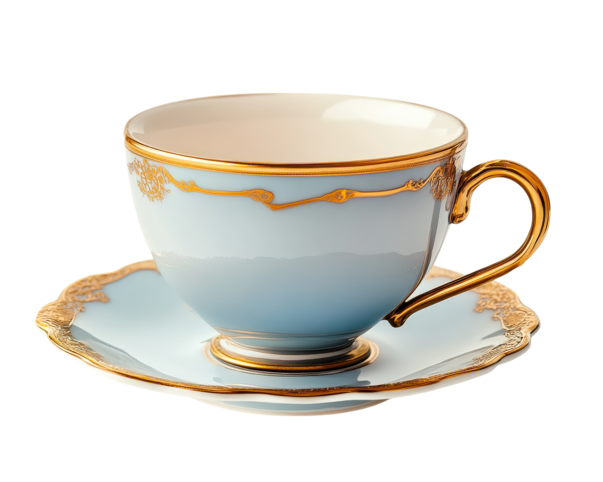Elegant blue and gold teacup with saucer, featuring intricate detailing and classic design, isolated on transparency background. Perfect for sophisticated tea setting png