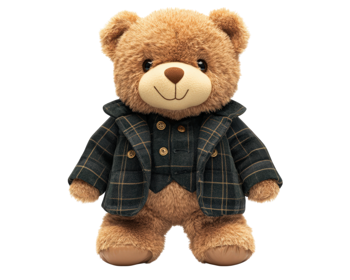 plush teddy bear wearing stylish plaid jacket, exuding charm and warmth, isolated on transparency background. Perfect for gifts or decoration png