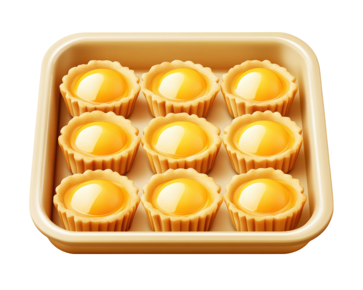 tray of golden egg tarts with glossy finish, arranged neatly in square baking dish, isolated on transparency background. tarts have smooth, shiny surface and crisp, flaky crust png