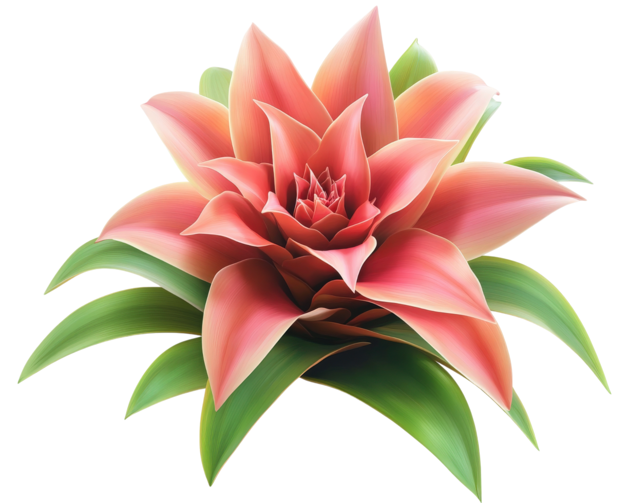 vibrant tropical bromeliad plant with lush green leaves and striking pink petals, isolated on transparency background, showcasing its natural beauty and intricate details png