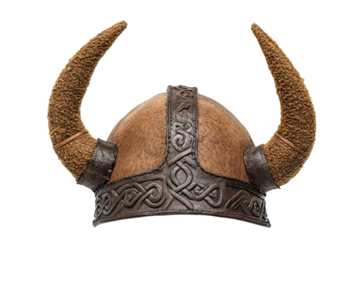 Viking themed hat with large horns and intricate patterns, isolated on transparency background, showcasing realistic and detailed design png