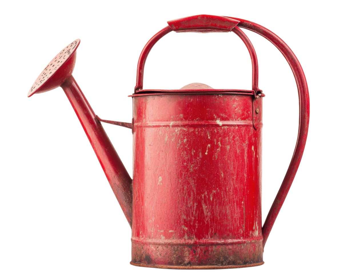 red metal watering can with vintage design, isolated on transparency background, showing signs of wear and rust, perfect for gardening enthusiasts or rustic decor png