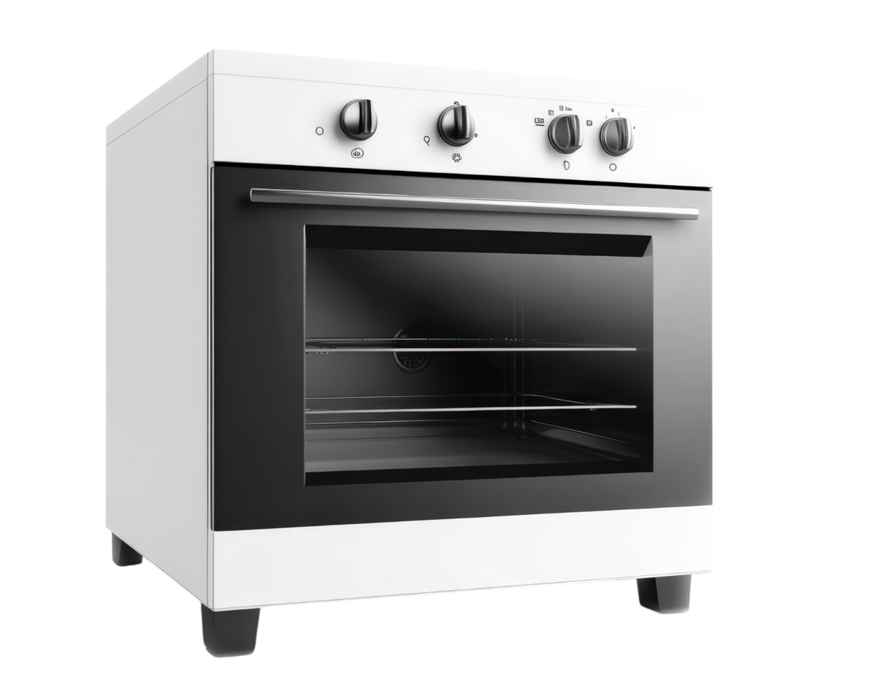 A white oven with two burners and a door png