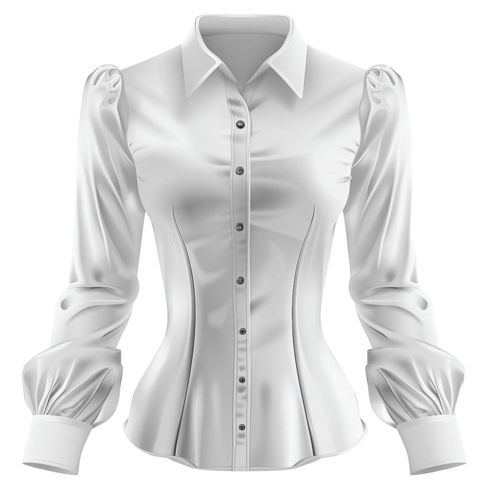 Elegant White Women's Long Sleeve Blouse with Puffed Shoulders and Fitted Waist png