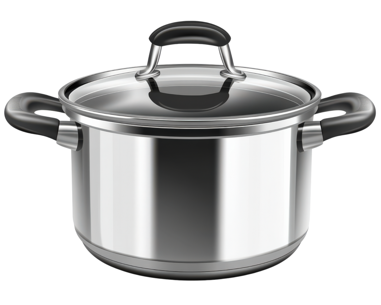 stainless steel cooking pot with glass lid and black handles, isolated on transparency background, ideal for kitchen use png