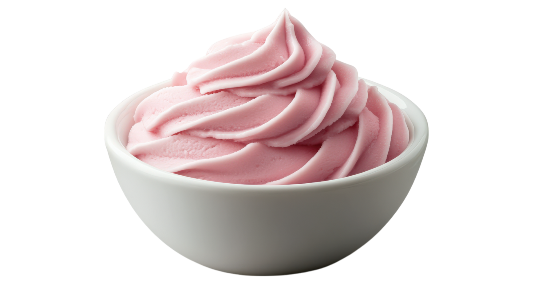 Delicious pink gelato swirled in white bowl, perfect for dessert lovers. This creamy treat is ideal for hot days and brings joy with every spoonful png