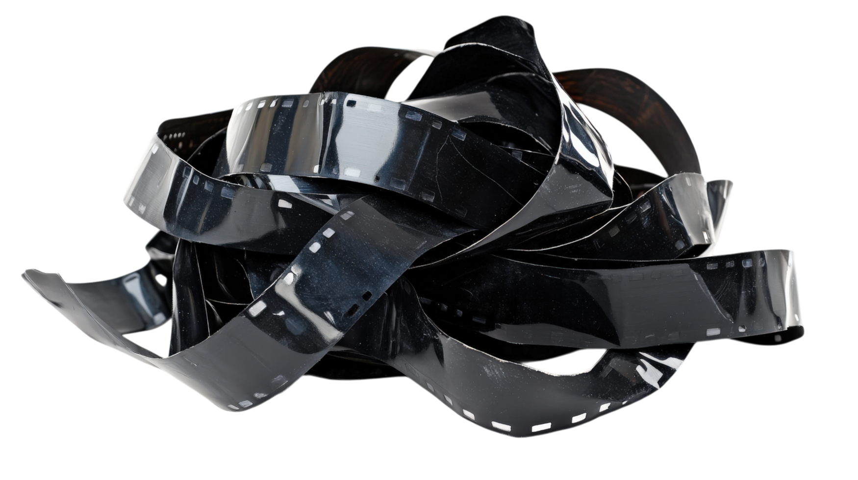 bundle of glossy black film strips curled together, showcasing their unique texture and shine. This artistic representation captures essence of vintage photography png