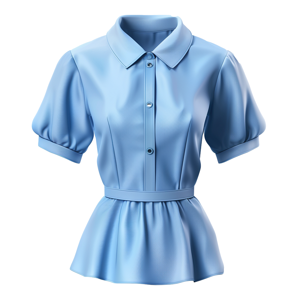 Elegant Light Blue Puff Sleeve Blouse with Fitted Waist and Flared Hem png