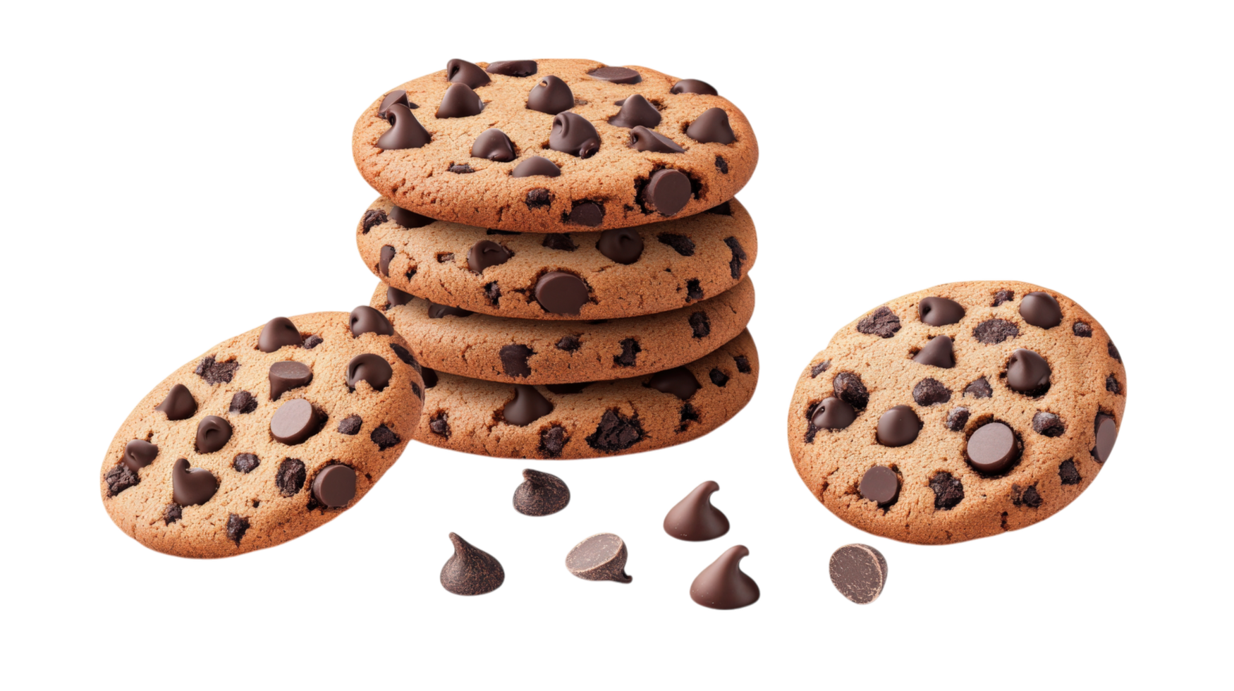Delicious cho te chip cookies stacked high, showcasing their rich texture and cho te morsels, perfect for any dessert lover png