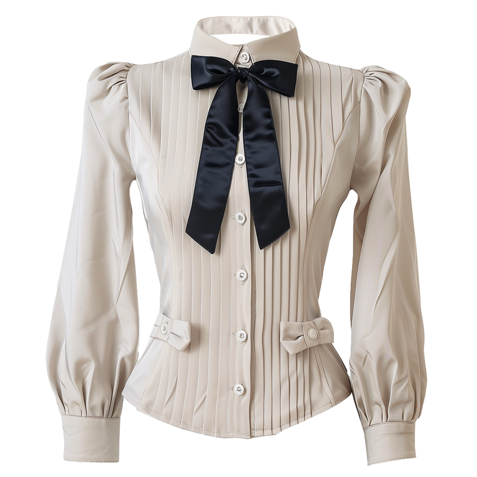 Elegant Beige Pleated Blouse with Black Bow Tie and Puff Sleeves png