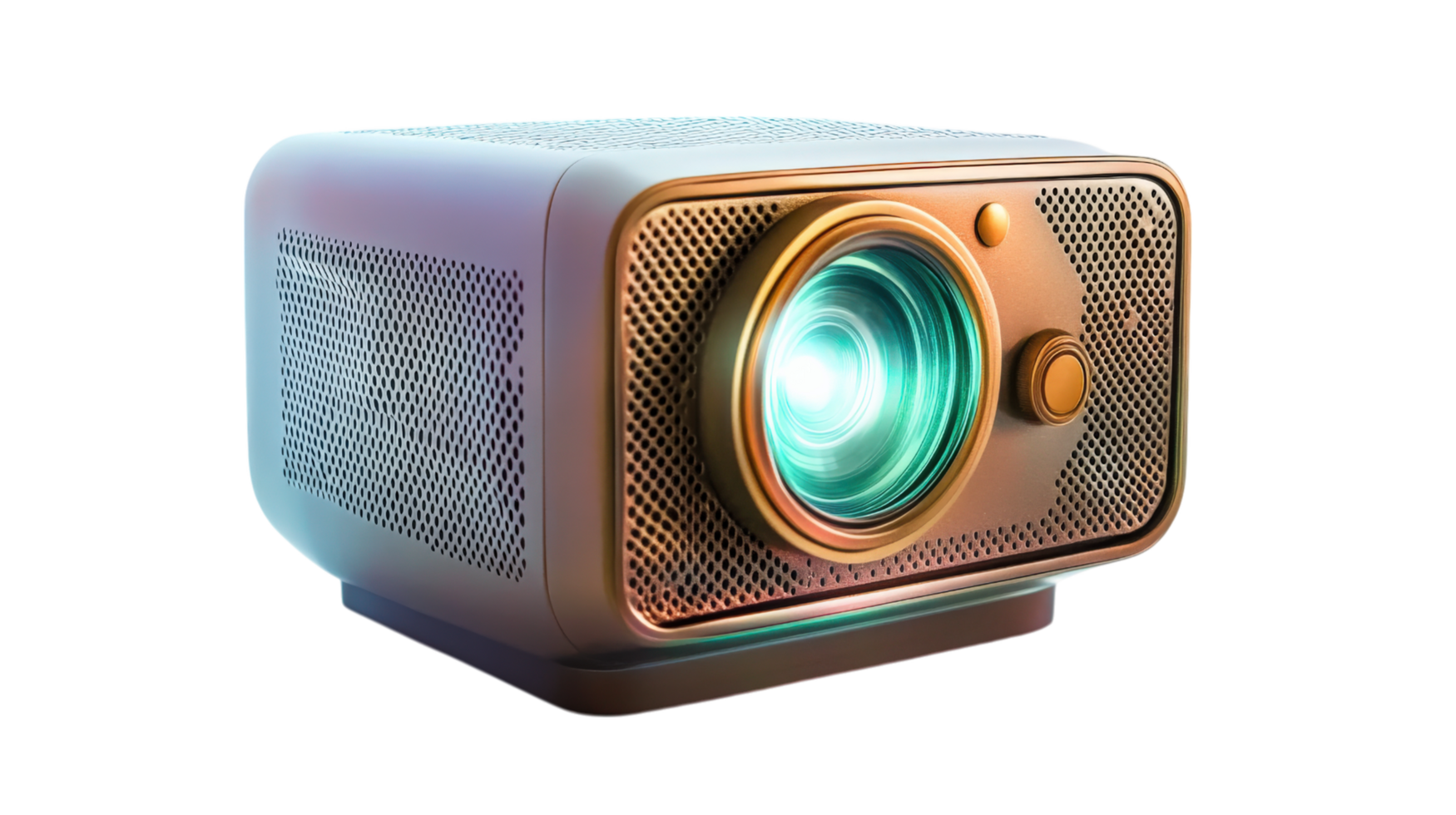 vintage style movie projector with metallic finish, featuring bright lens and intricate design. Perfect for retro themed events or home cinema setups png
