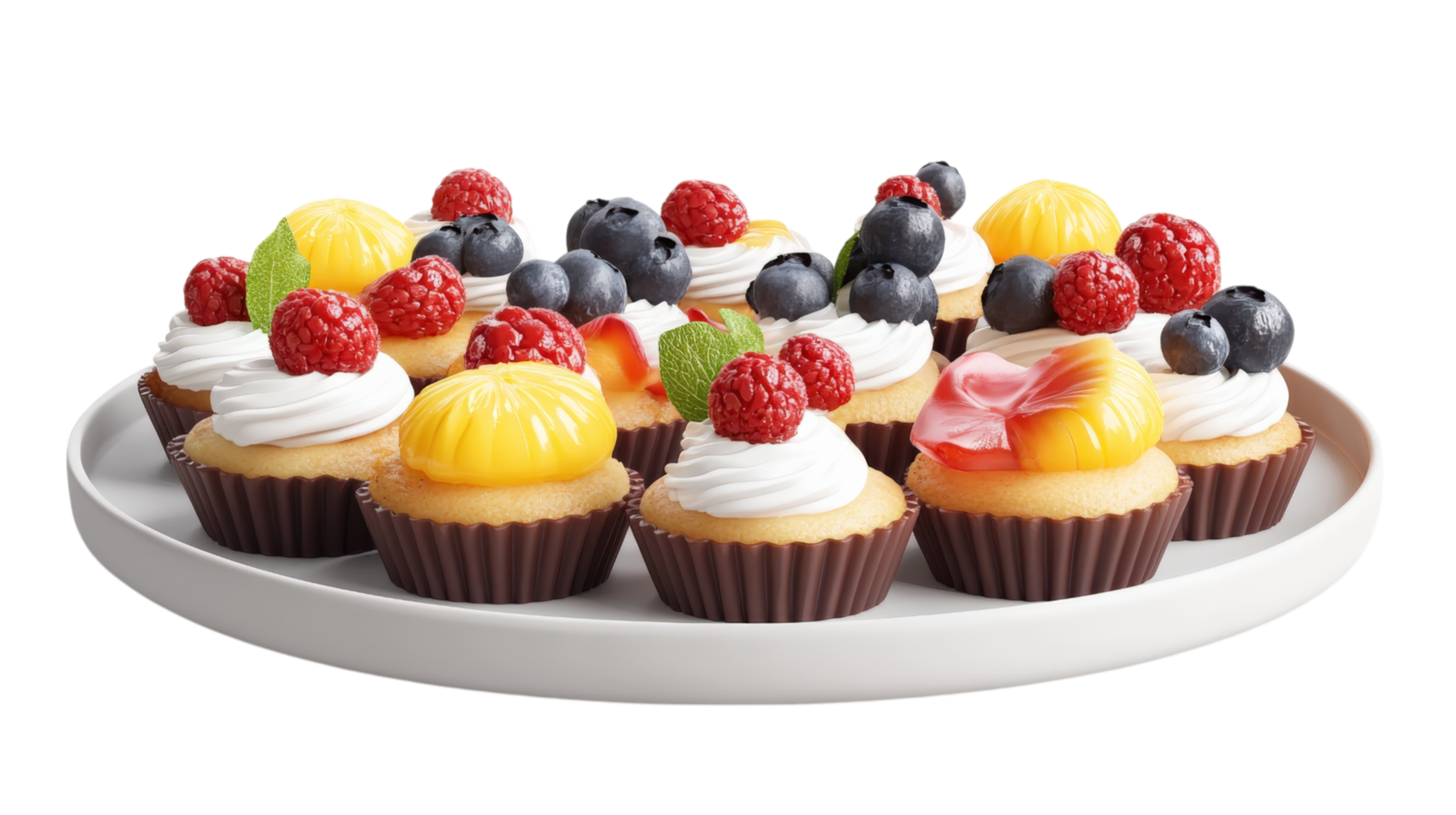 Delicious fruit tarts arranged on white plate, featuring vibrant colors and textures. These desserts are perfect for any celebration or gathering, showcasing variety of fruits and creamy toppings png