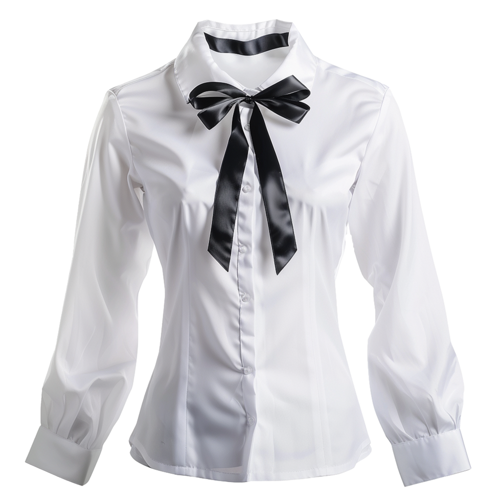 Elegant Women's White Satin Blouse with Black Bow Tie png