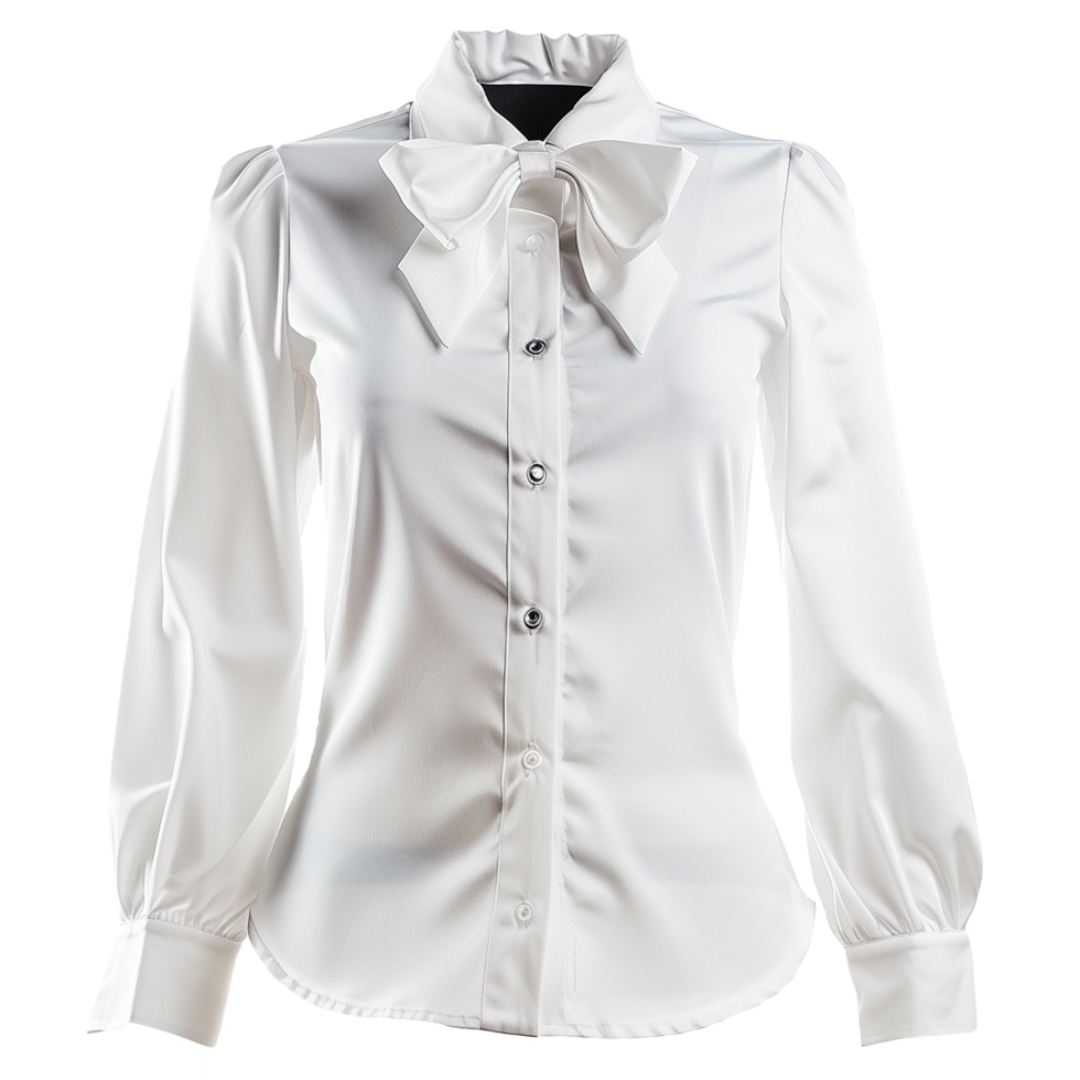 Elegant White Satin Blouse with Big Bow Tie Knot and Long Sleeves png