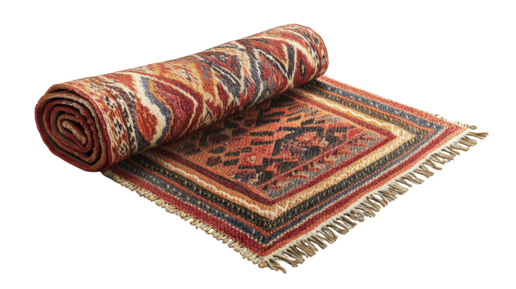 Handwoven rug with intricate patterns, rolled and displayed on transparency background, showcasing vibrant colors and textures. Perfect for home decor and interior design png