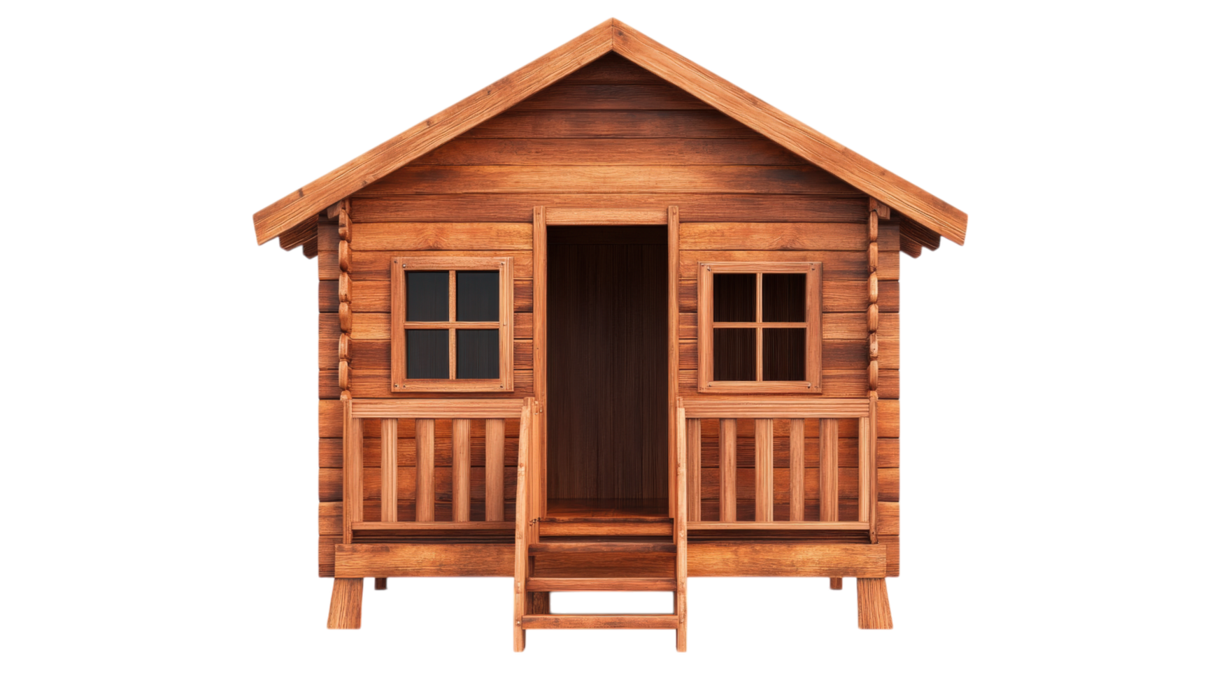 wooden playhouse with rustic design, featuring front porch and two windows, perfect for children imaginative play. This charming structure adds warmth to any outdoor space png
