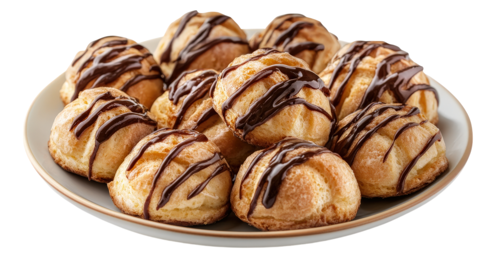 Delicious plate of profiteroles drizzled with cho te sauce, perfect for dessert lovers. These creamy pastries are delightful treat for any occasion png