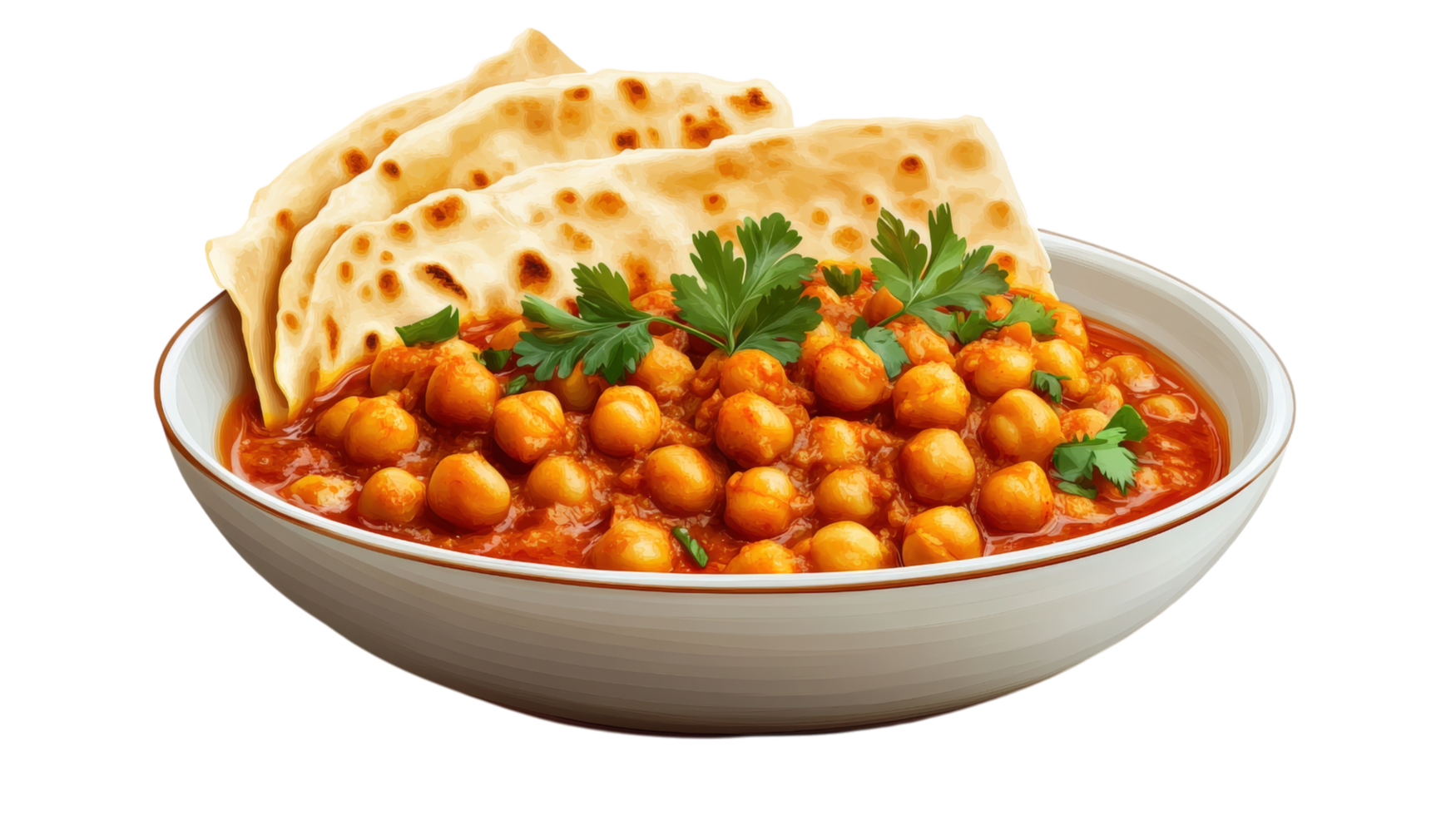 serving of spicy chickpea curry with flatbread, garnished with fresh herbs, offers delightful and flavorful meal experience png