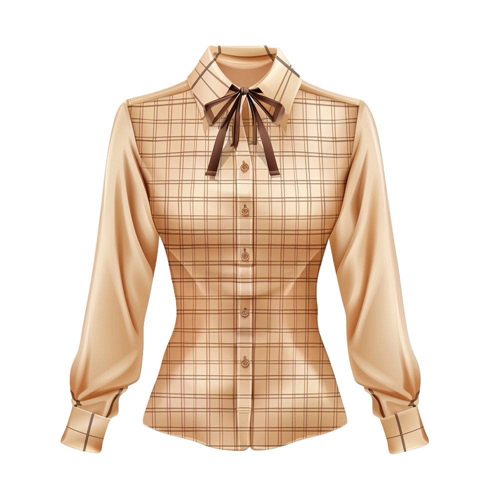 Elegant Beige and Brown Plaid Blouse with Long Sleeves and Bow Tie png