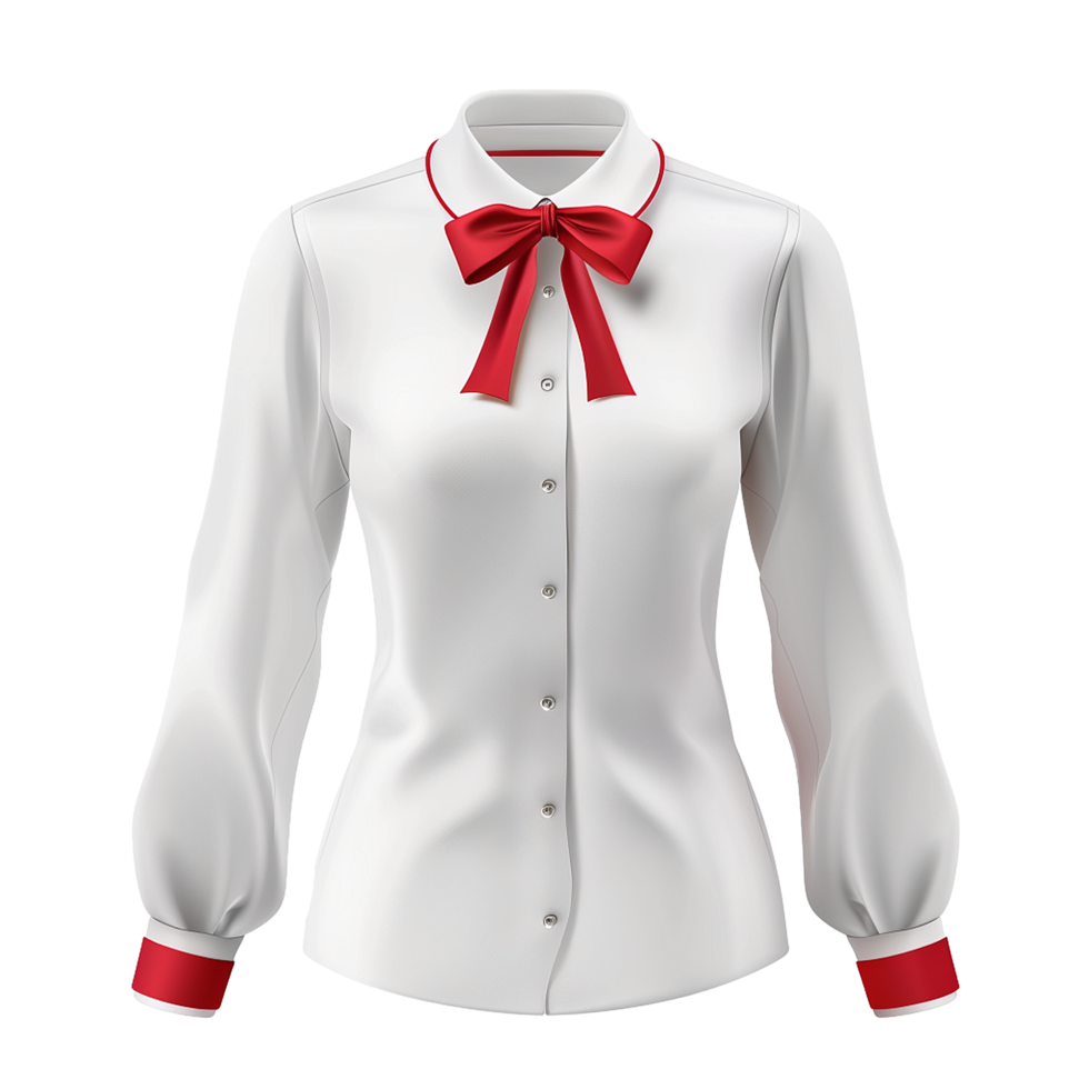 Elegant White Women's Blouse with Red Bow and Cuffs Long Sleeve Shirt png