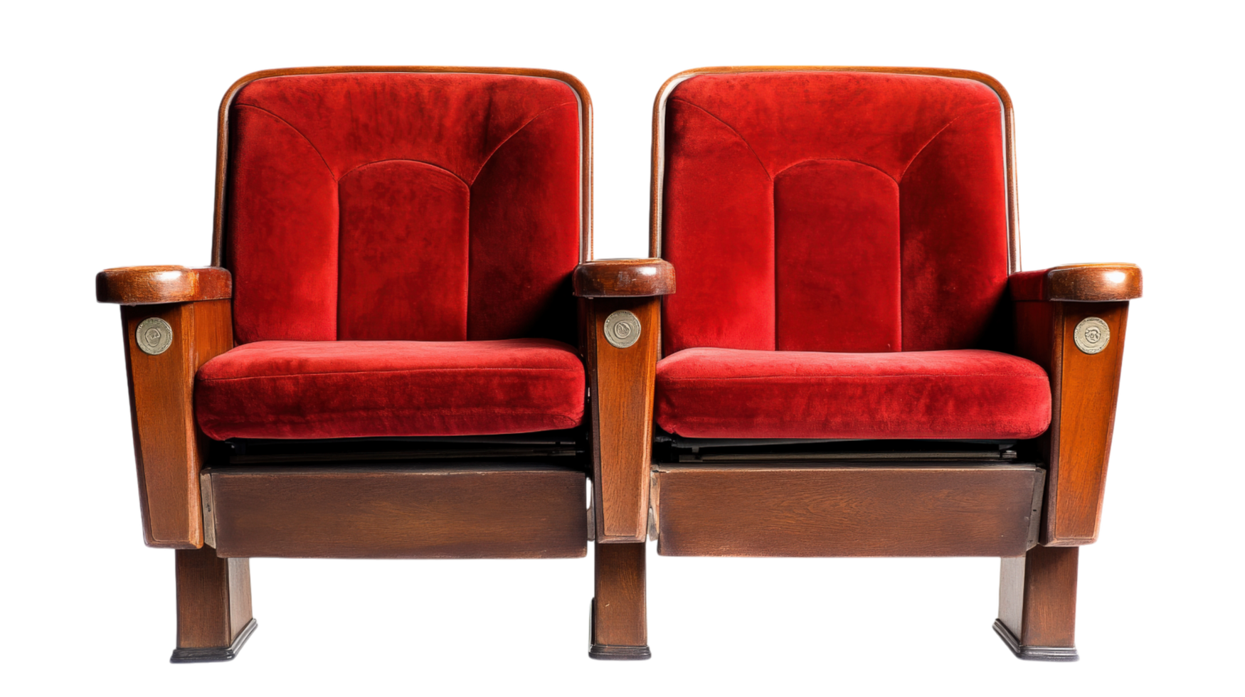 Red velvet theater seats with wooden armrests, perfect for vintage ambiance. These elegant chairs add touch of classic style to any space, inviting comfort and nostalgia png