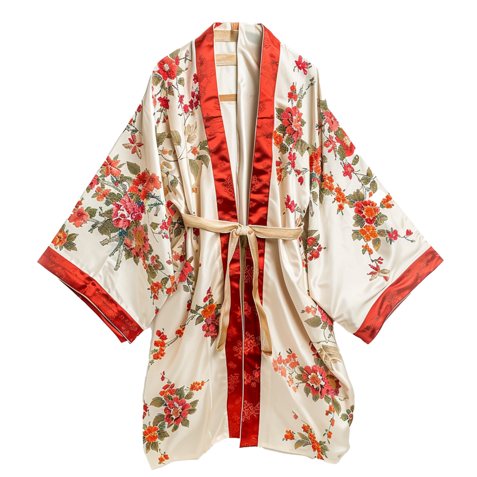 Elegant Floral Kimono Robe in Cream and Red Satin with Intricate Design png