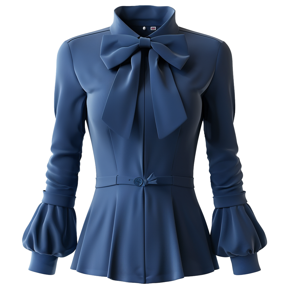 Elegant Women's Blue Blouse with Big Bow and Puff Sleeves png