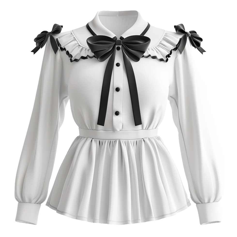 Elegant White Blouse with Black Bows and Ruffles A sophisticated and stylish top png