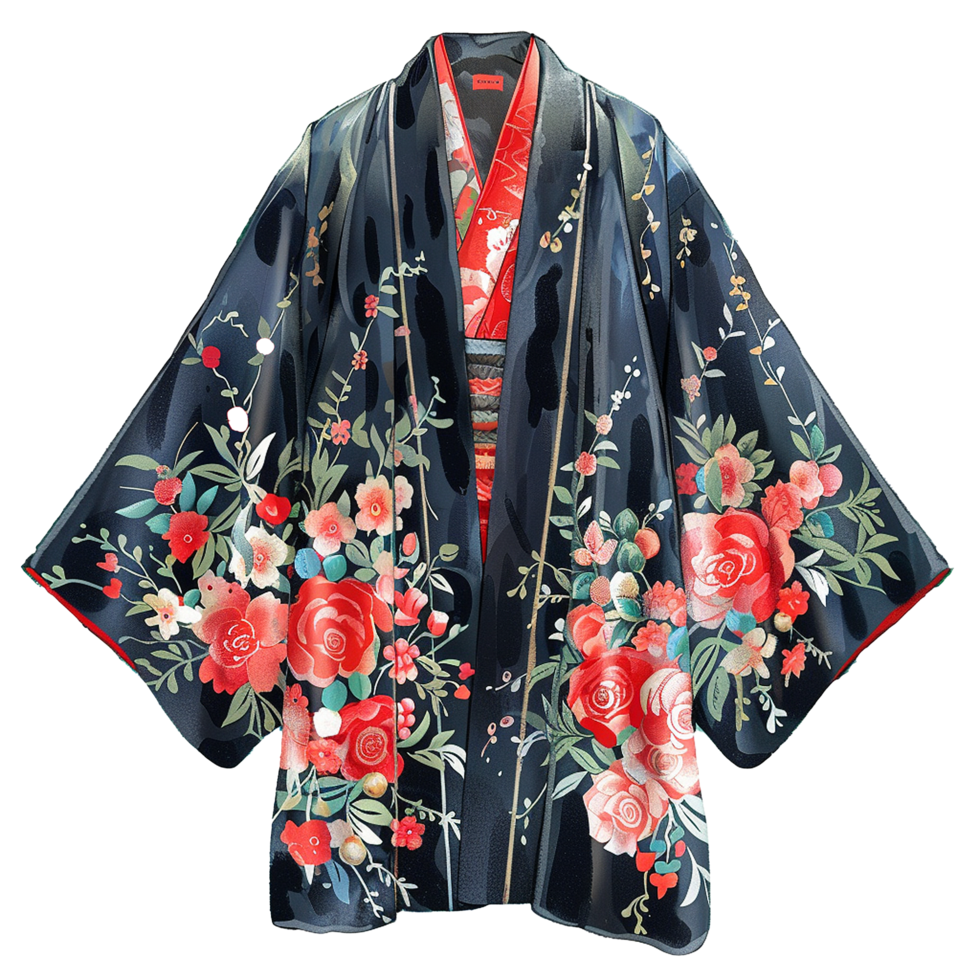 Elegant Black Floral Kimono Jacket with Red Accents Womens Fashion Apparel png