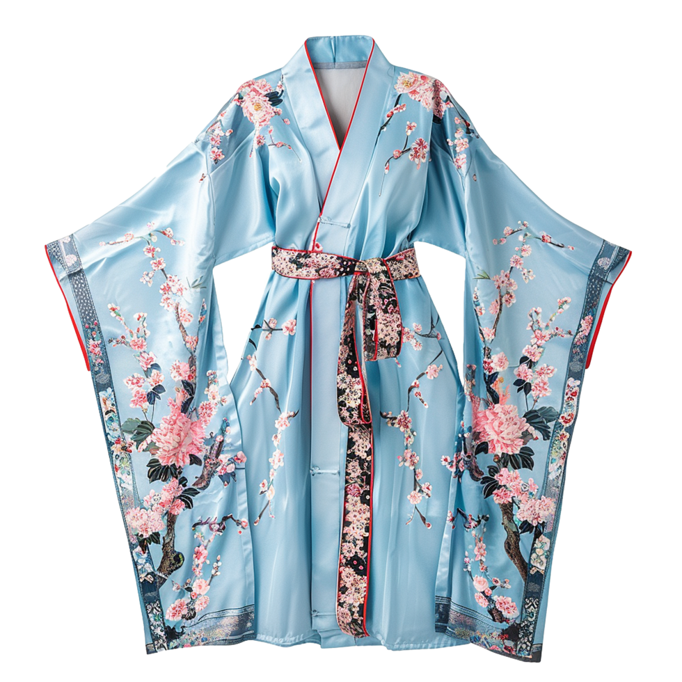 Stunning Light Blue Floral Kimono Robe with Intricate Belt Design png