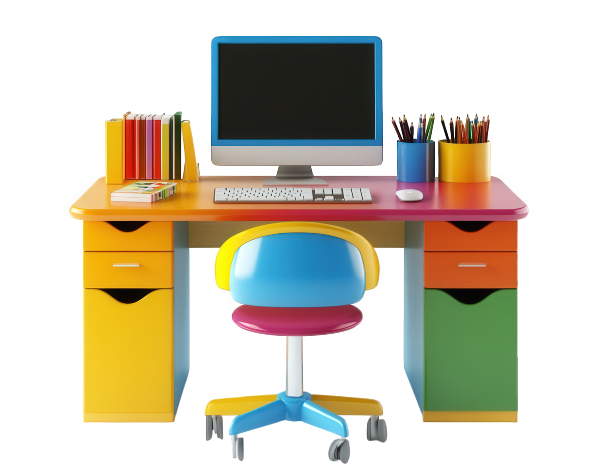 colorful children computer desk with chair, books, and stationery. Perfect for playful study space, encouraging creativity and learning png