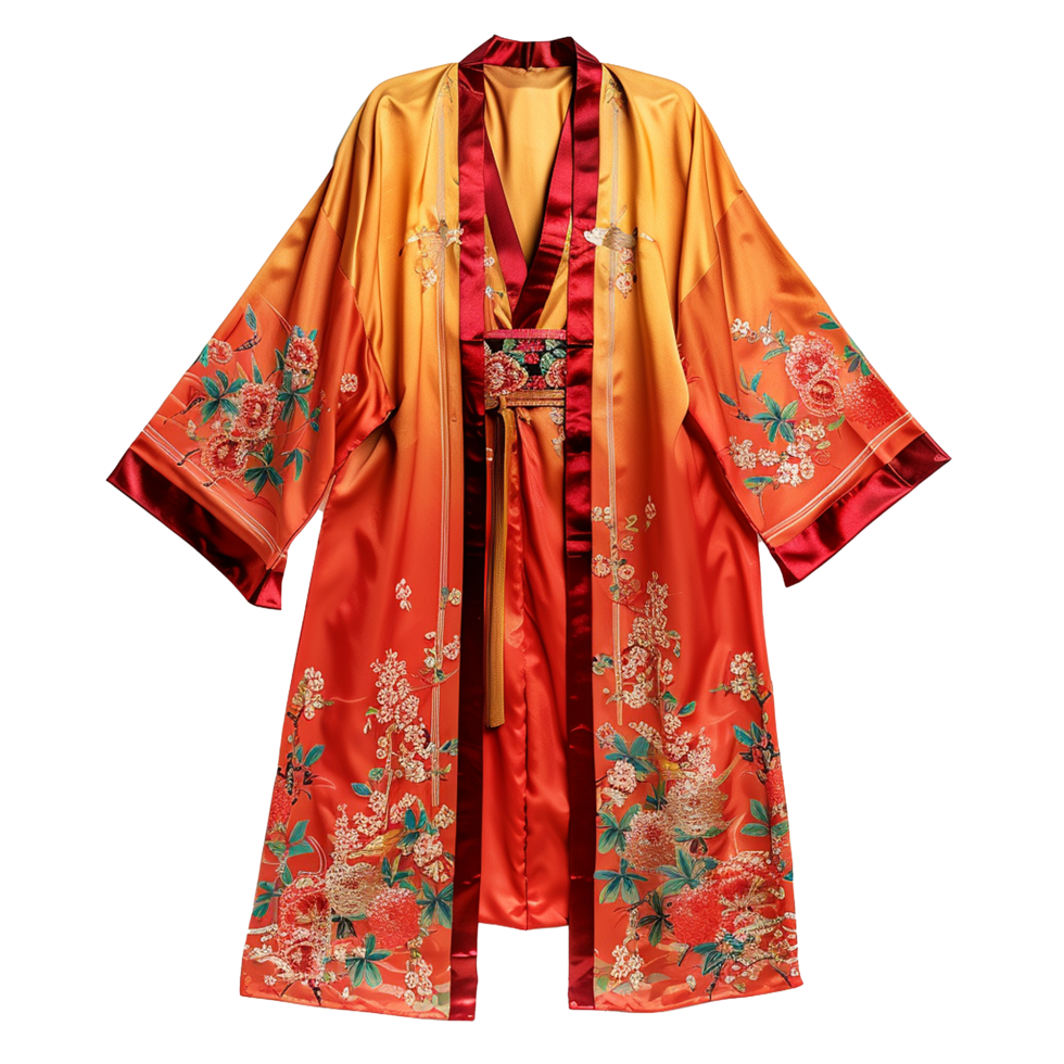 Elegant Orange and Red Floral Satin Kimono Robe with Birds and Flowers Print png