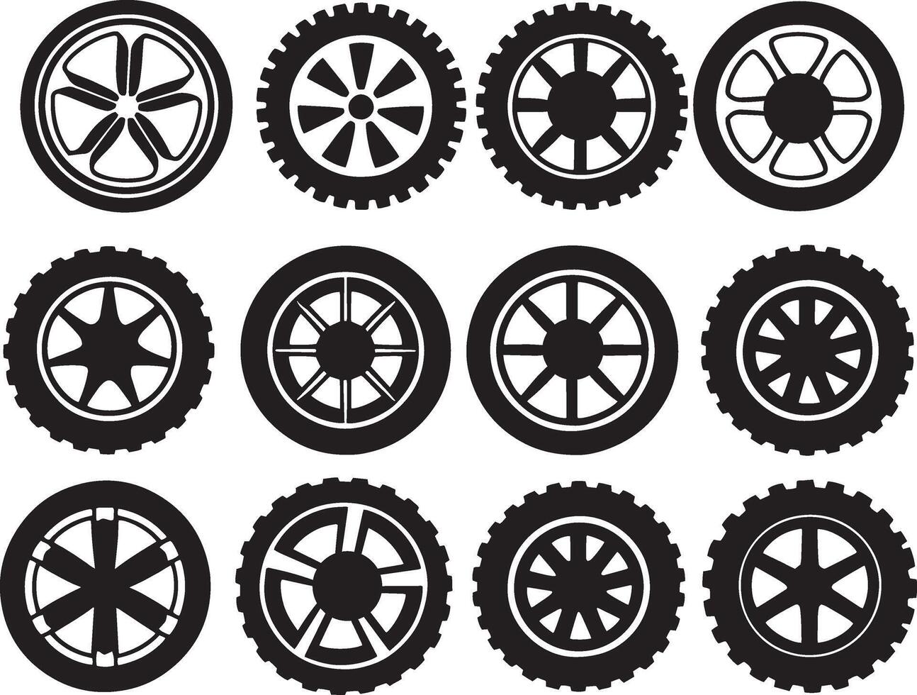 A set of black and white wheels with different sizes vector