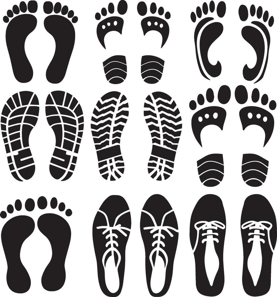 Footprints and shoes set of silhouettes vector