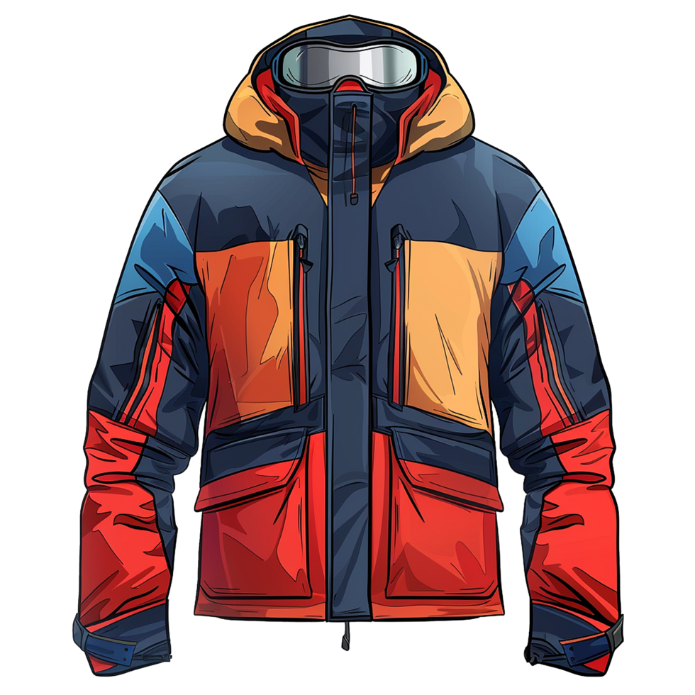 Stylish Multicolored Snowboarding Jacket with Goggles and Hood png
