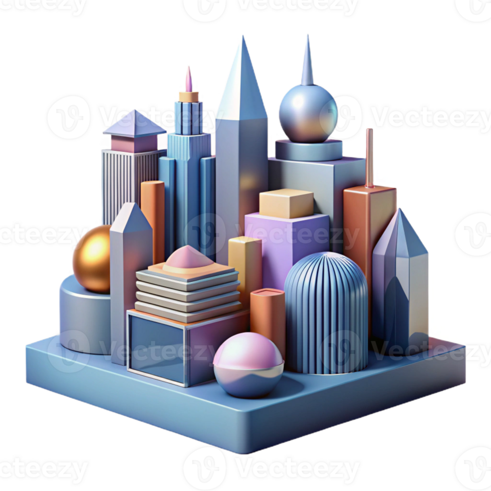 vibrant contemporary An abstract representation of a cityscape, using geometric shapes and bold lines, in a futuristic, architectural style authentic png