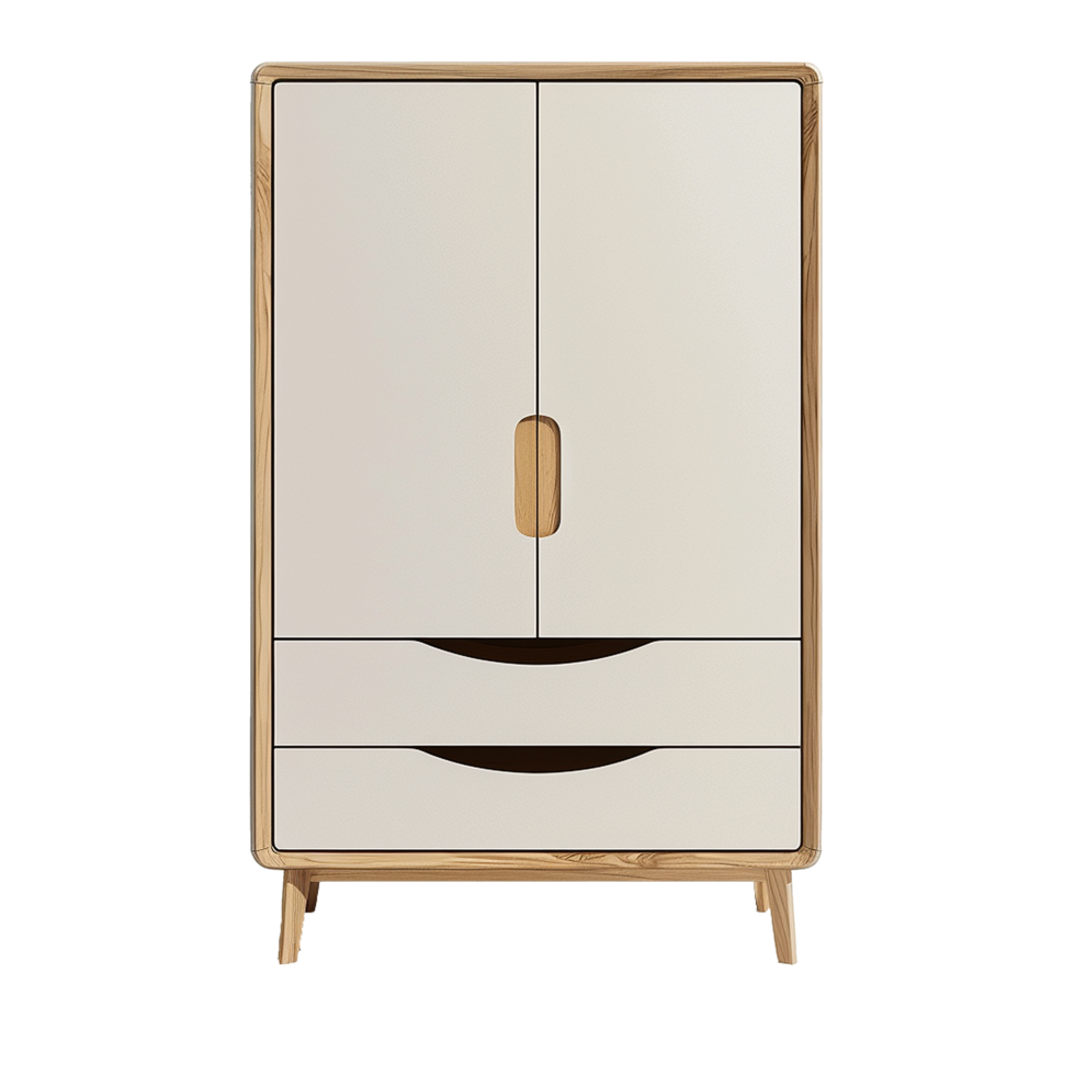 Modern Minimalist Two Door Wardrobe with Two Drawers and Light Wood Accents png