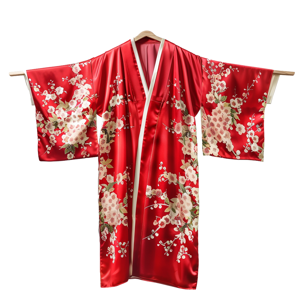 Elegant Red Satin Kimono Robe with Delicate Floral Print A Luxurious and Comfortable JapaneseInspired Garment png