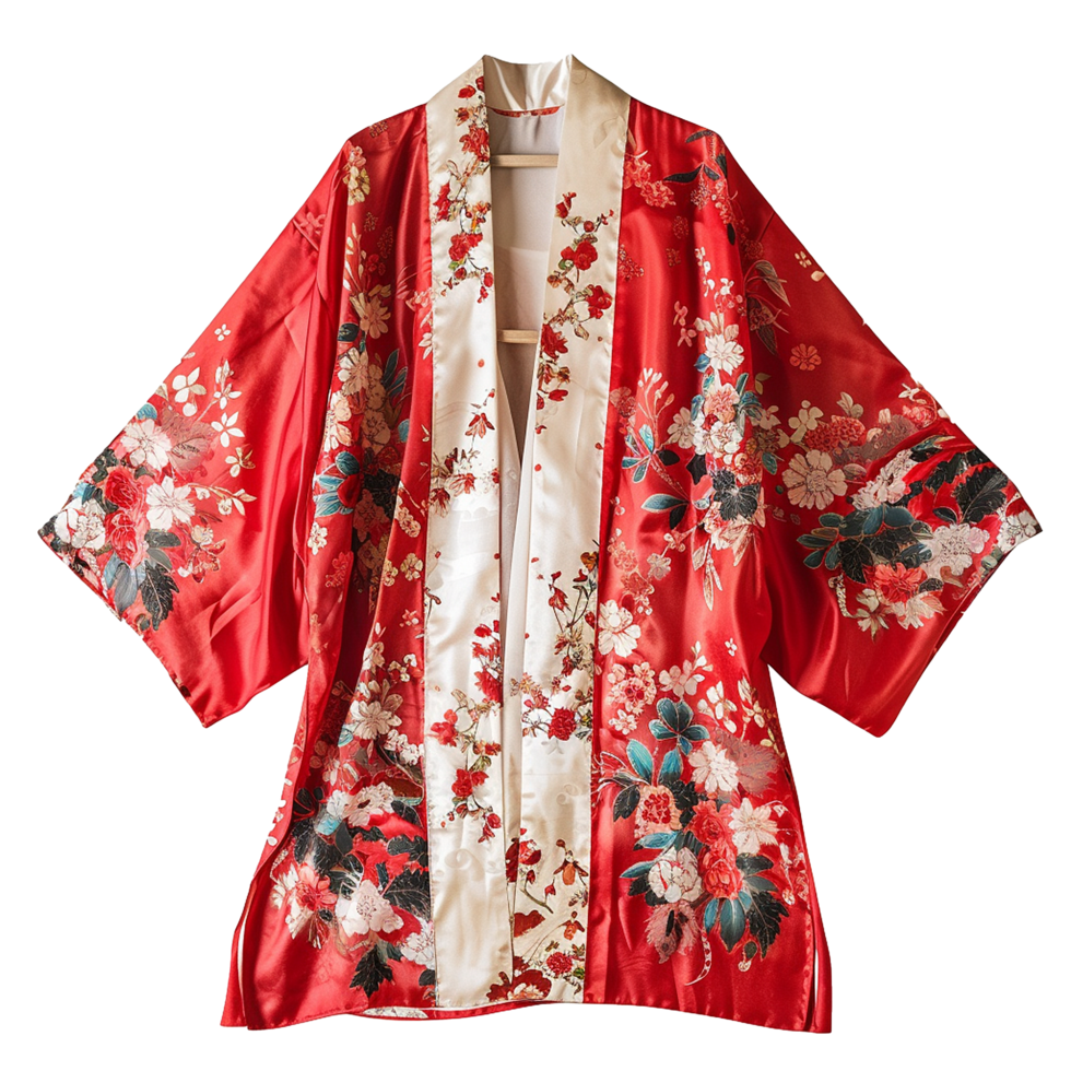 Elegant Red Floral Kimono Robe with Cream Accents a Stunning Japanese Style Silk Dressing Gown png