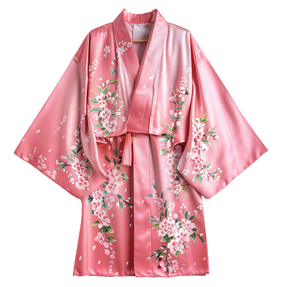 Elegant Pink Satin Kimono Robe with Delicate Cherry Blossom Print Perfect for Loungewear or Special Occasions png