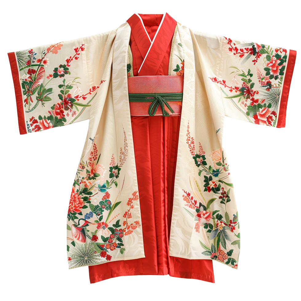 Elegant Japanese ShichiGoSan Girl's Kimono with Floral Pattern and Red Accents png