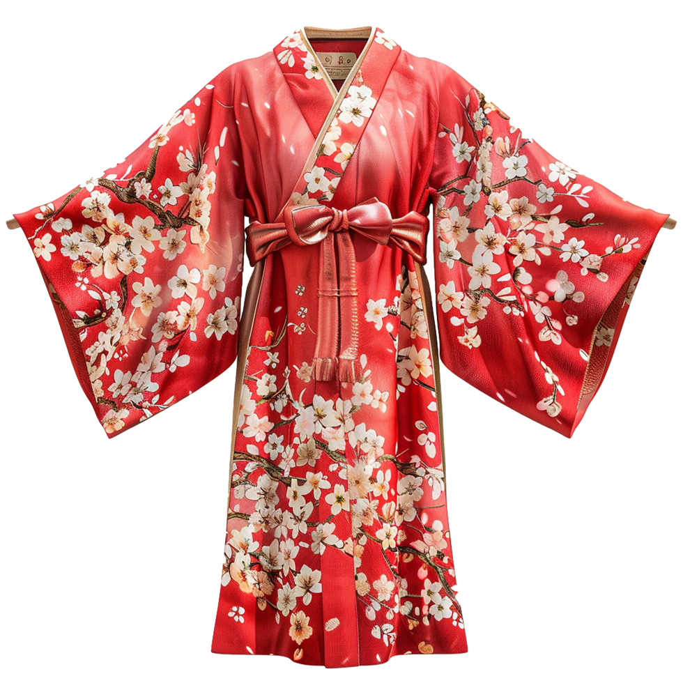 Stunning Red Kimono with Delicate Cherry Blossom Print for Women png