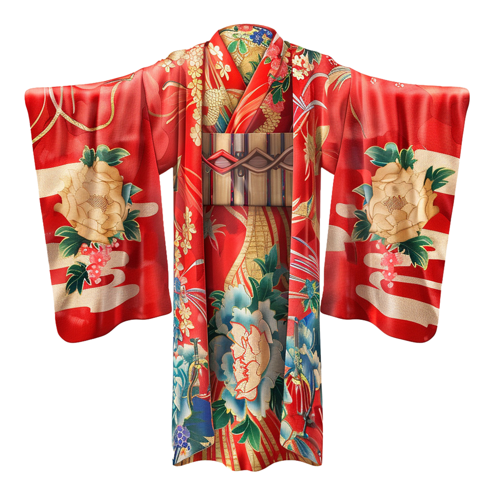 Vibrant Red Japanese Kimono with Exquisite Floral Designs and Gold Accents png