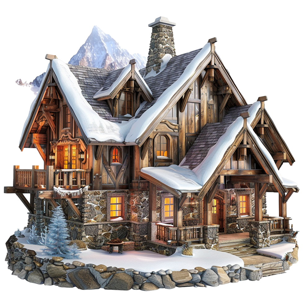 Spectacular SnowCovered Mountain Lodge with Stone and Wood Architecture png