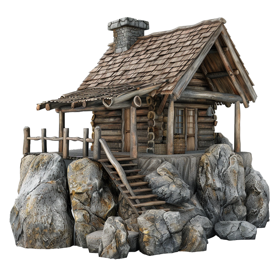Secluded Rustic Log Cabin on a Rocky Outcrop png
