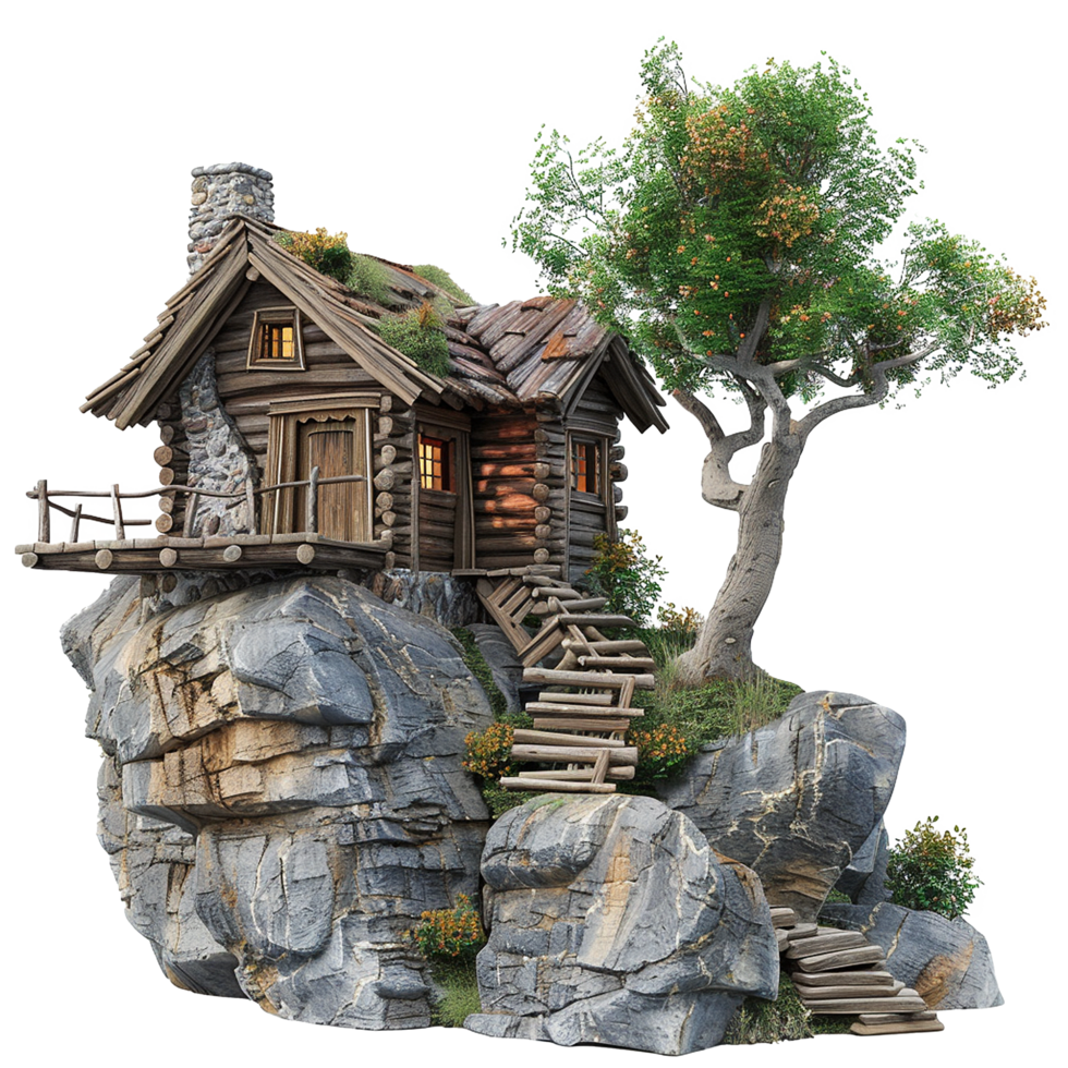 Secluded Log Cabin Home on a Mountaintop Rock Outcropping with Wooden Steps and a Lush Green Tree png
