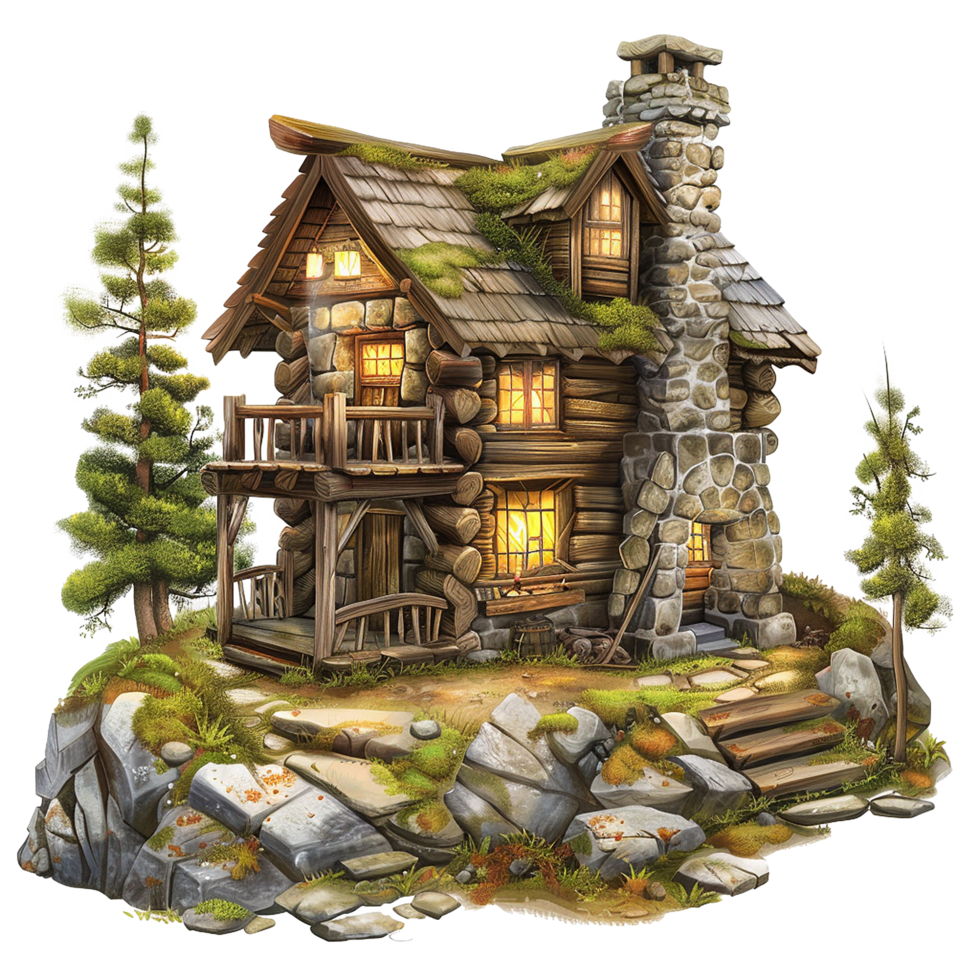 Enchanted Two Story Log Cabin Home nestled on a Rocky Mountainside with Mossy Roof and Stone Chimney png